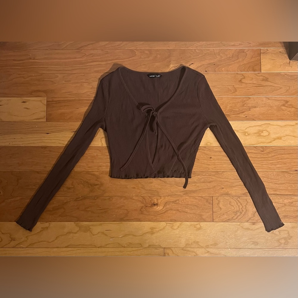 Chocolate Brown Ribbed Tie-Front Top